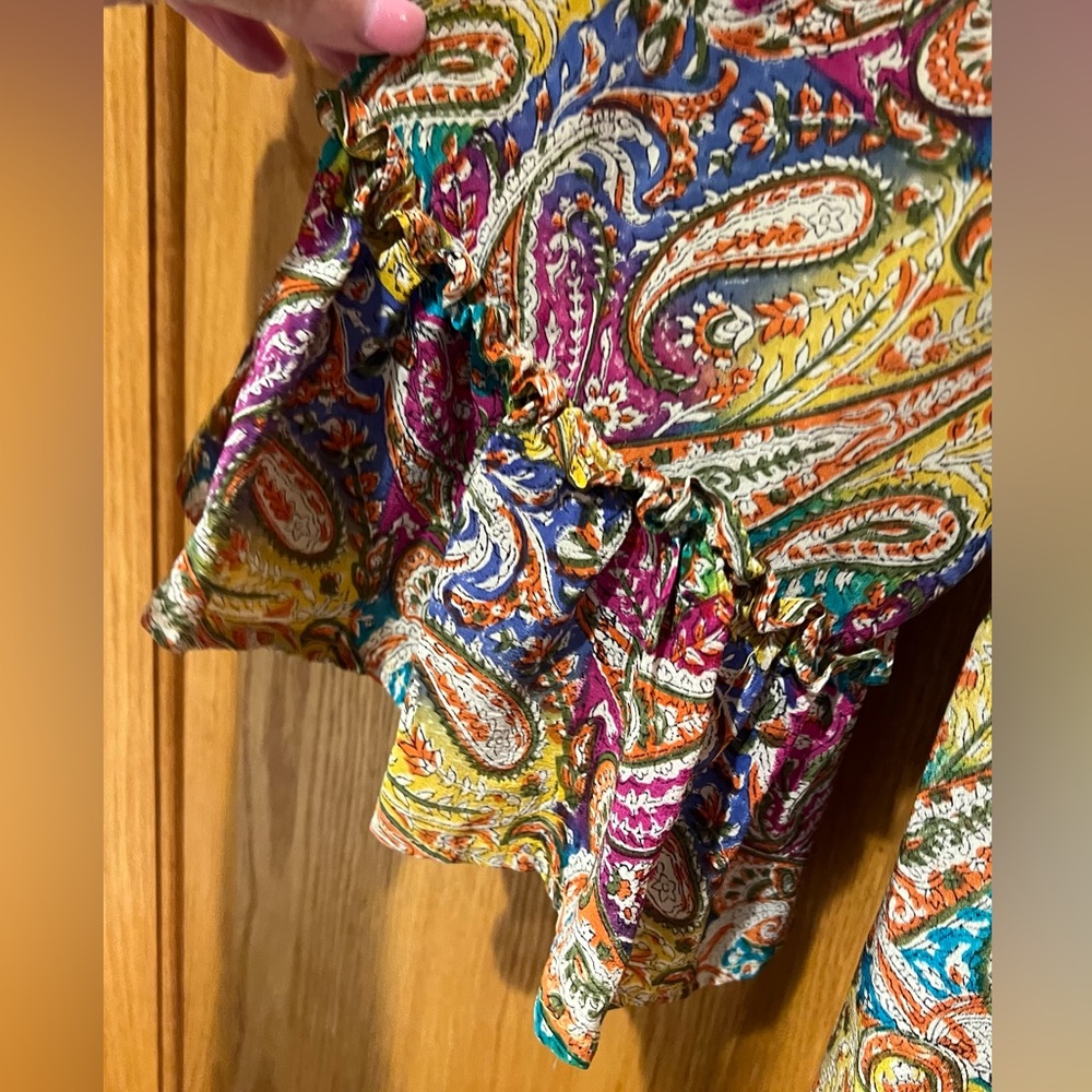 Tolani Silk Ruffled Split V-Neck w/ Ties & 3/4 Flutter Sleeves Paisley Blouse XS - Picture 6 of 11